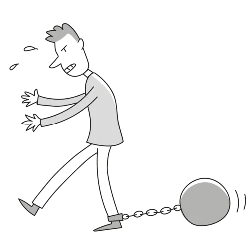 © Daniel Jennewein / RKW Kompetenzzentrum Illustration mit einer Person, die eine schwere Kugel ans Bein gekettet hat.